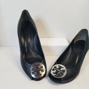 Tory Burch Black Leather Sally Peep Toe Wedge Heels Womens Pumps  SZ 9